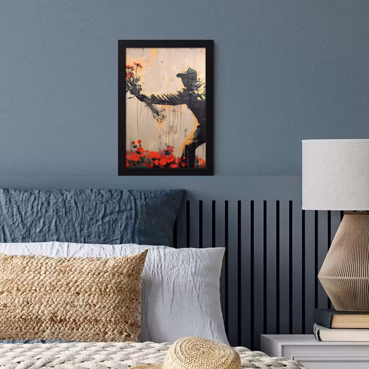 Street art - Man - Bloemen - Rood - Graffiti - Banksy fotolijst zwart zonder passe partout klein -sfeer3