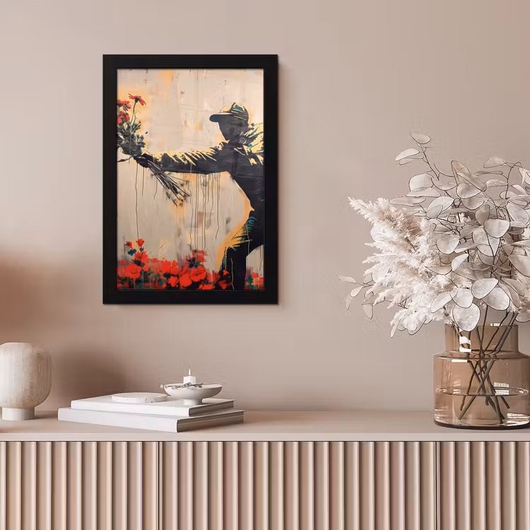 Street art - Man - Bloemen - Rood - Graffiti - Banksy fotolijst zwart zonder passe partout klein -sfeer5