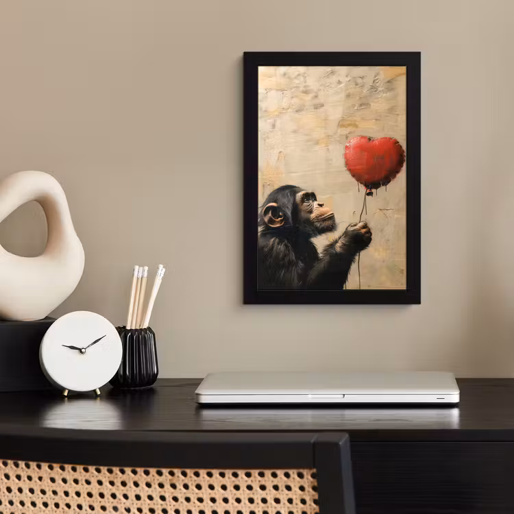 Street art - Chimpansee - Ballon - Graffiti - Banksy fotolijst zwart zonder passe partout klein -sfeer1