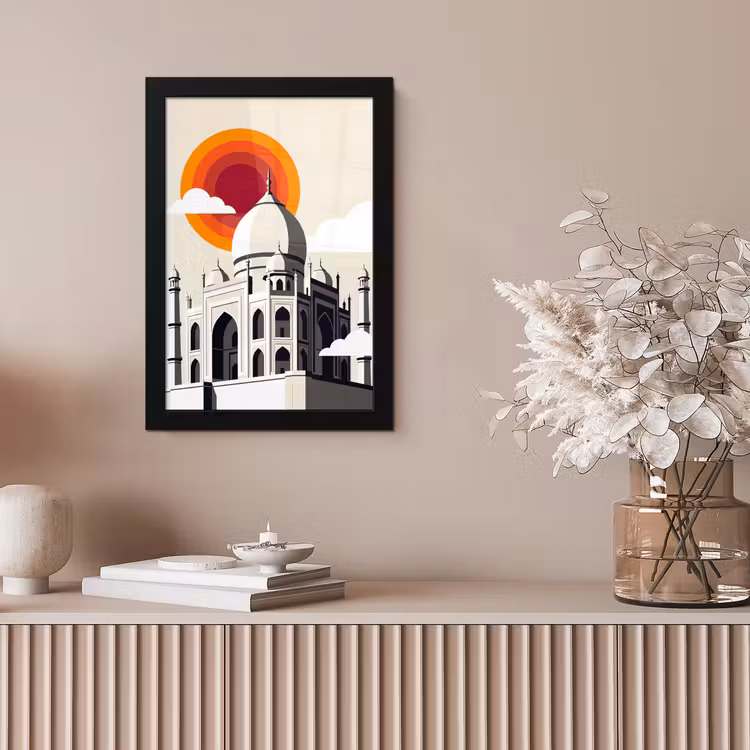 Taj Mahal - Zon - Koepel - Architectuur - India - Grafisch fotolijst zwart zonder passe partout klein -sfeer5