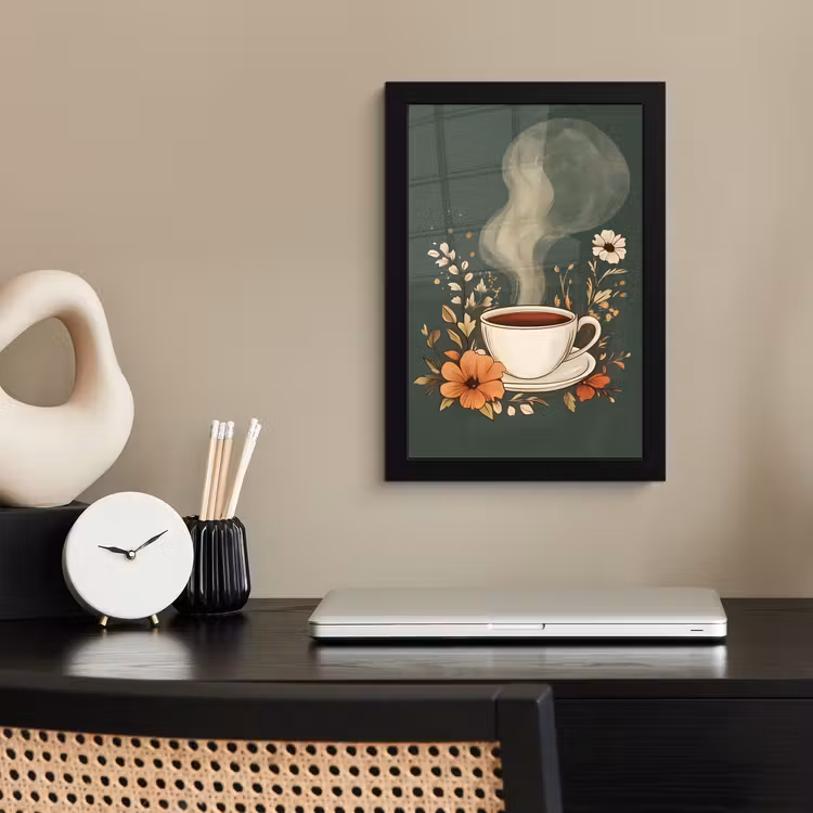 Kop - Bloemen - Groen - Koffie fotolijst zwart zonder passe partout klein -sfeer1