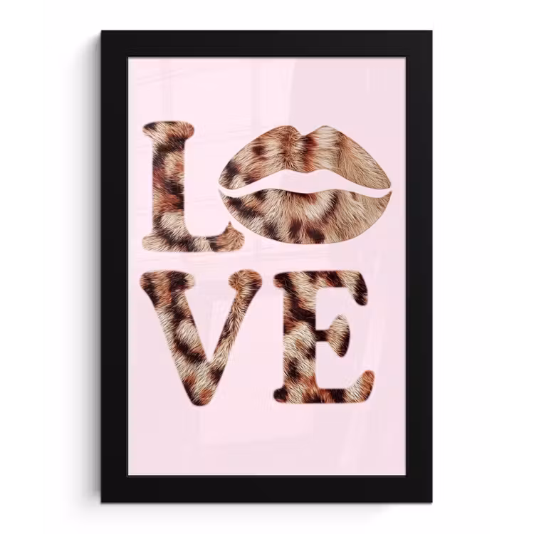 Tekst - Love - Pantervacht - Lichtroze fotolijst zwart zonder passe partout klein -3d