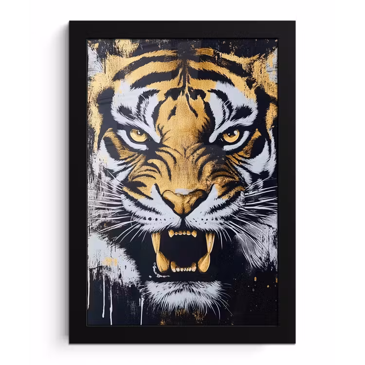Tijger - Verfspatten - Goud fotolijst zwart zonder passe partout klein -3d