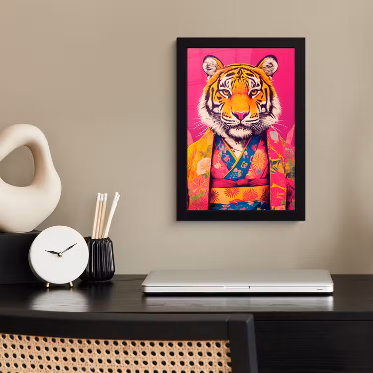 Tijger - Kimono - Planten - Roze fotolijst zwart zonder passe partout klein -sfeer1