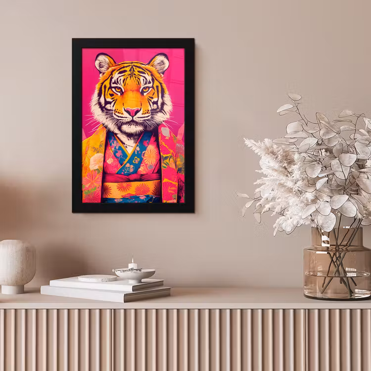 Tijger - Kimono - Planten - Roze fotolijst zwart zonder passe partout klein -sfeer5