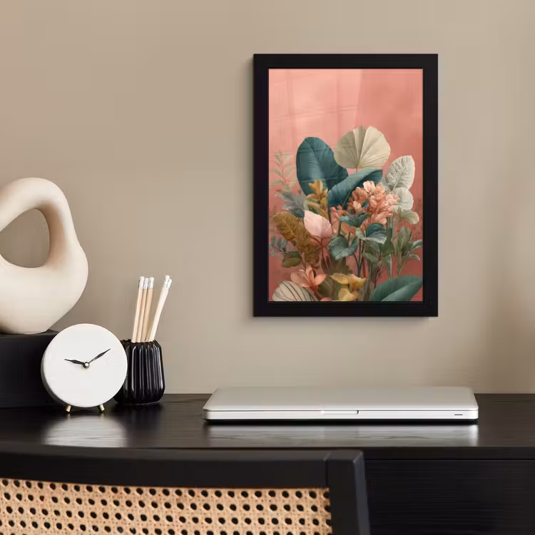 Tropische bladeren - Bloemen - Roze - groen fotolijst zwart zonder passe partout klein -sfeer1