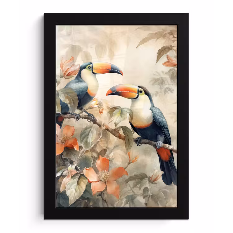 Toekan - Vogels - Bloemen - Tak fotolijst zwart zonder passe partout klein -3d