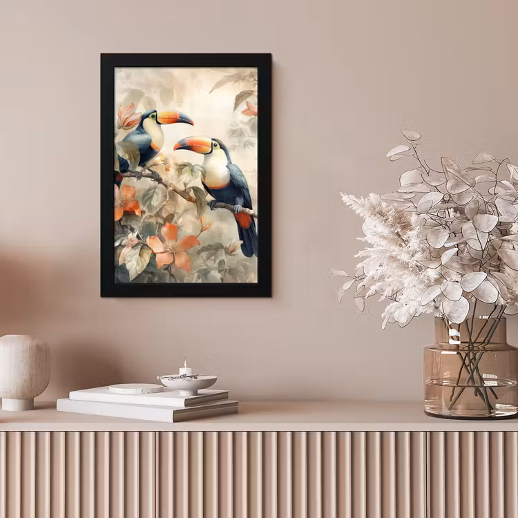 Toekan - Vogels - Bloemen - Tak fotolijst zwart zonder passe partout klein -sfeer5