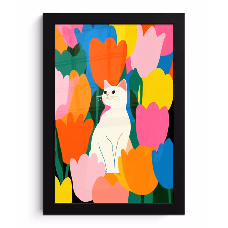 Tulpen - Kat - Kleurrijk fotolijst zwart zonder passe partout klein -3d