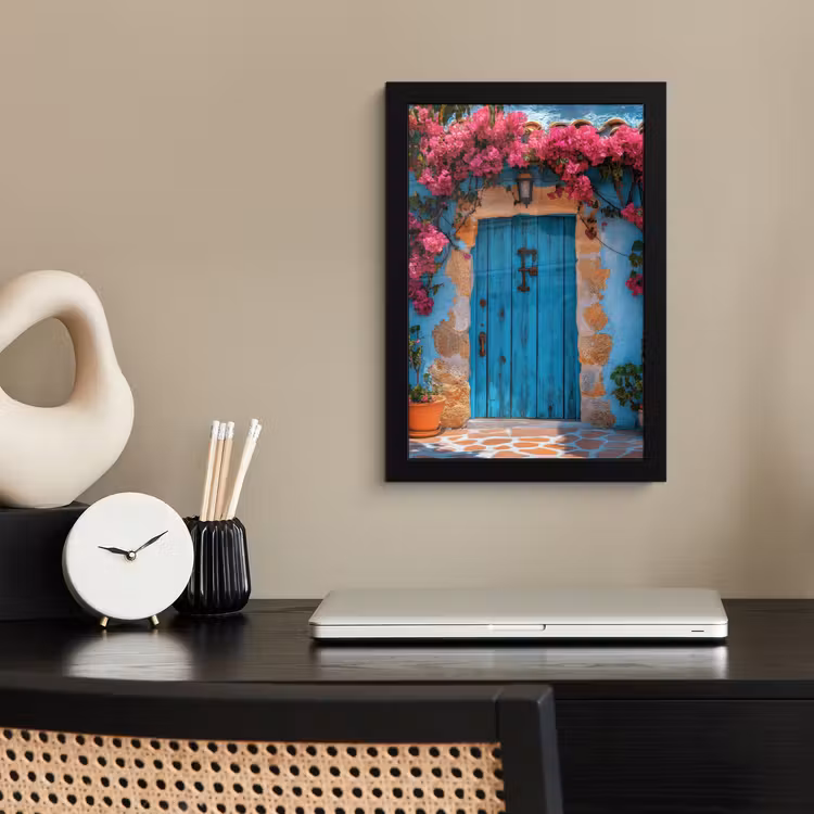 Deur - Hout - Bloemen - Blauw fotolijst zwart zonder passe partout klein -sfeer1