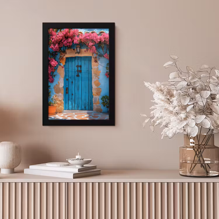Deur - Hout - Bloemen - Blauw fotolijst zwart zonder passe partout klein -sfeer5