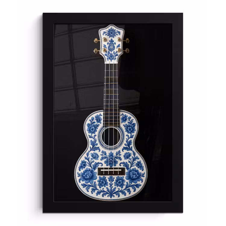 Ukelele - Delfts - Blauw - Muziek fotolijst zwart zonder passe partout klein -3d