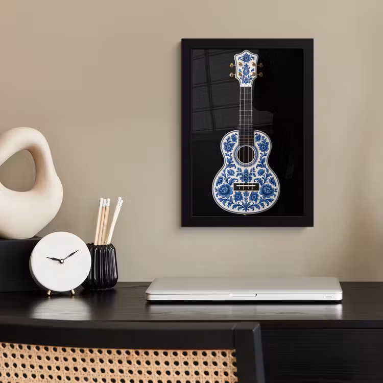 Ukelele - Delfts - Blauw - Muziek fotolijst zwart zonder passe partout klein -sfeer1