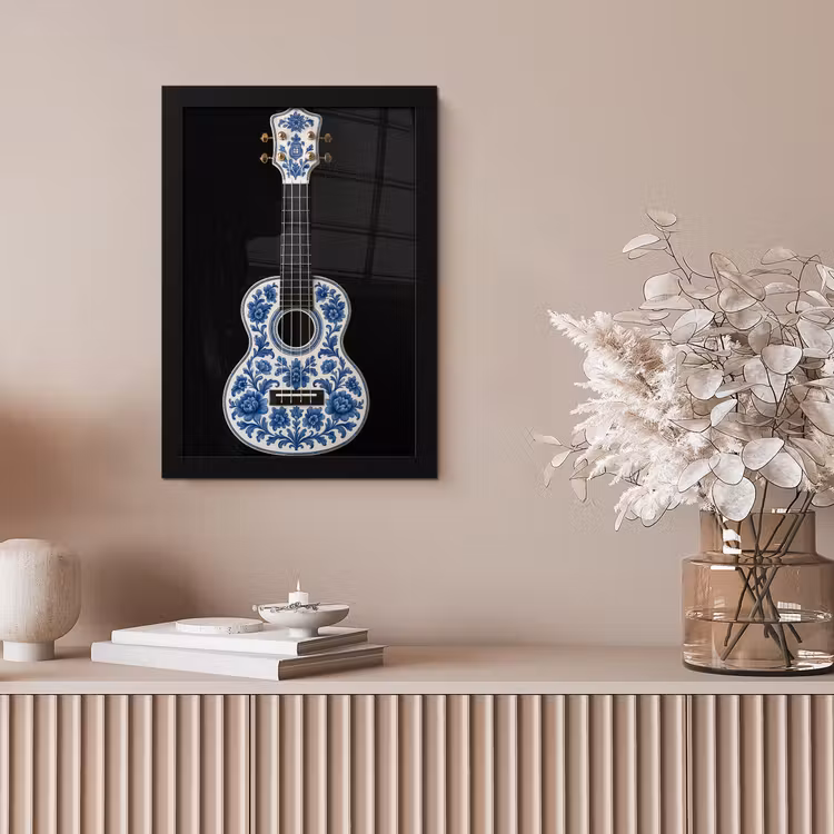 Ukelele - Delfts - Blauw - Muziek fotolijst zwart zonder passe partout klein -sfeer5