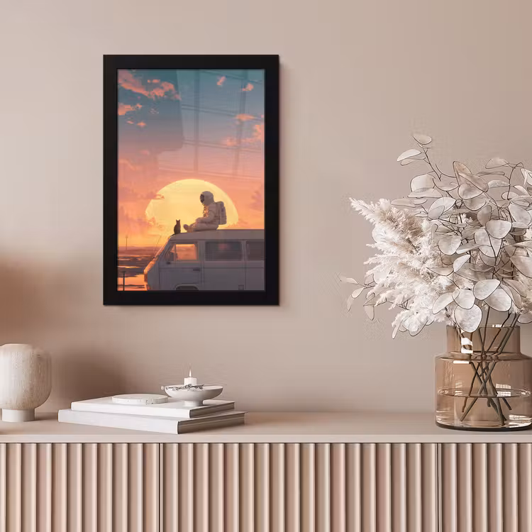 Busje - Kat - Zonsondergang - Oranje fotolijst zwart zonder passe partout klein -sfeer5