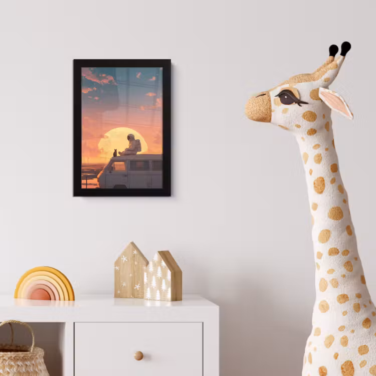 Busje - Kat - Zonsondergang - Oranje fotolijst zwart zonder passe partout klein -usfeer4_kinderkamer