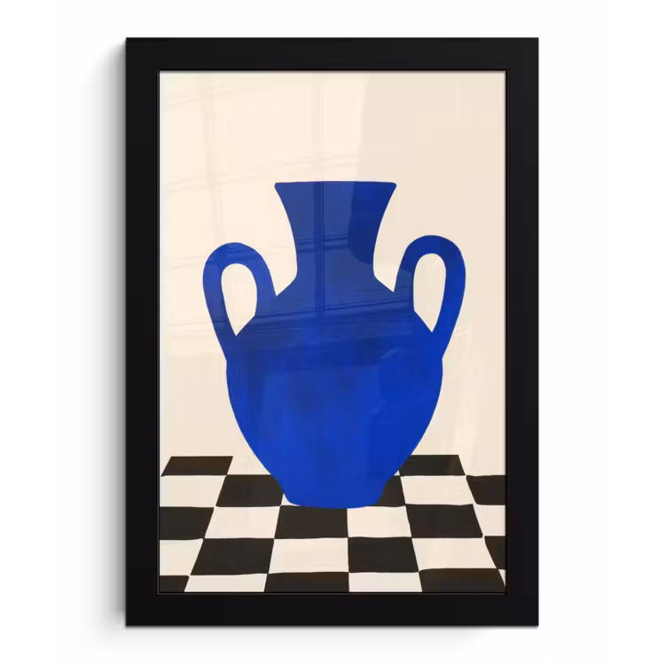 Vaas - Blauw - Geblokt - Modern fotolijst zwart zonder passe partout klein -3d
