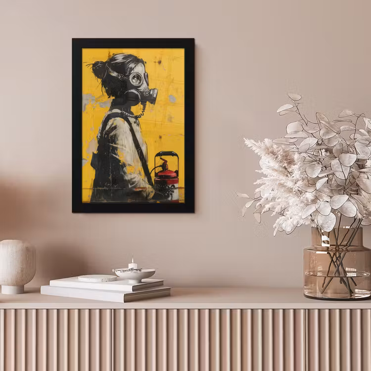 Vintage - Street art - Meisje - Masker - Geel - Banksy fotolijst zwart zonder passe partout klein -sfeer5