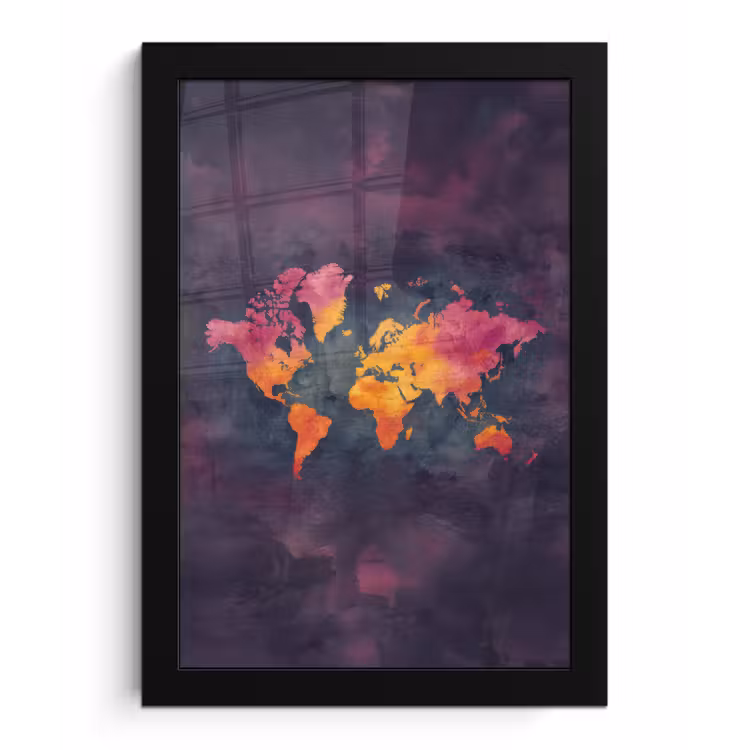 Paars - Warm - Wereldkaart fotolijst zwart zonder passe partout klein -3d