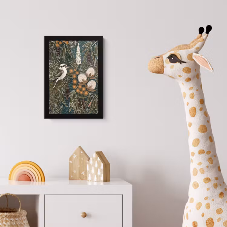 Vogel - Bladeren - Natuur - Illustratie - Groen fotolijst zwart zonder passe partout klein -usfeer4_kinderkamer