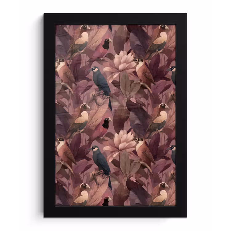 Vogels - Bladeren - Roze fotolijst zwart zonder passe partout klein 224 -3d