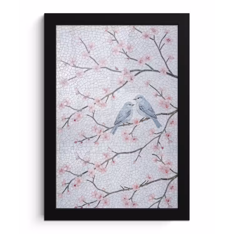 Vogel - Bloemen - Natuur - Mozaïek - Roze fotolijst zwart zonder passe partout klein -3d