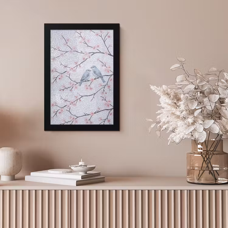 Vogel - Bloemen - Natuur - Mozaïek - Roze fotolijst zwart zonder passe partout klein -sfeer5