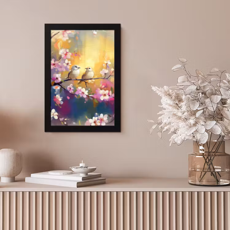 Vogels - Bloemen - Roze fotolijst zwart zonder passe partout klein -sfeer5
