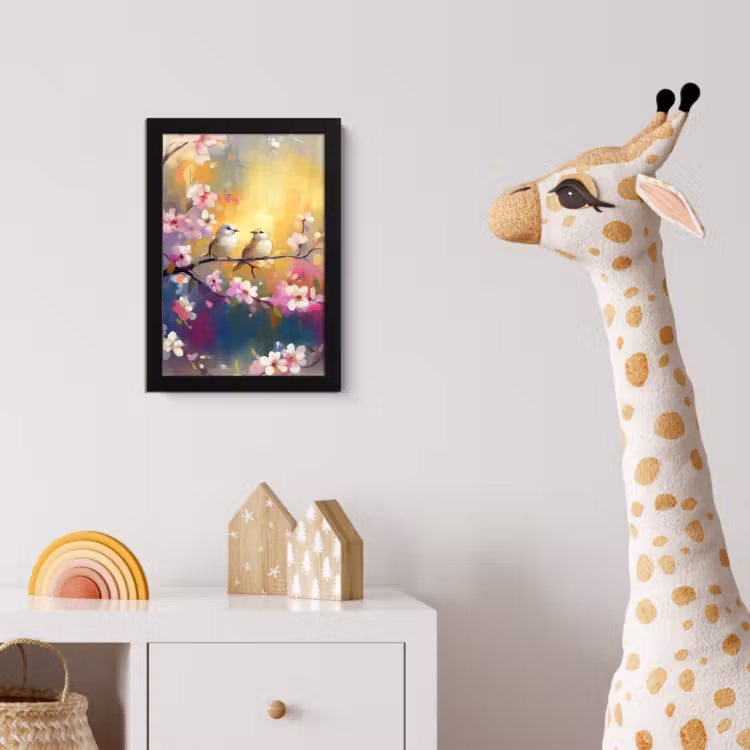 Vogels - Bloemen - Roze fotolijst zwart zonder passe partout klein -usfeer4_kinderkamer