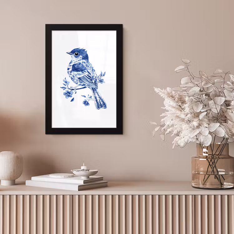 Vogel - Delfts blauw - Illustratie - Bloemen fotolijst zwart zonder passe partout klein -sfeer5