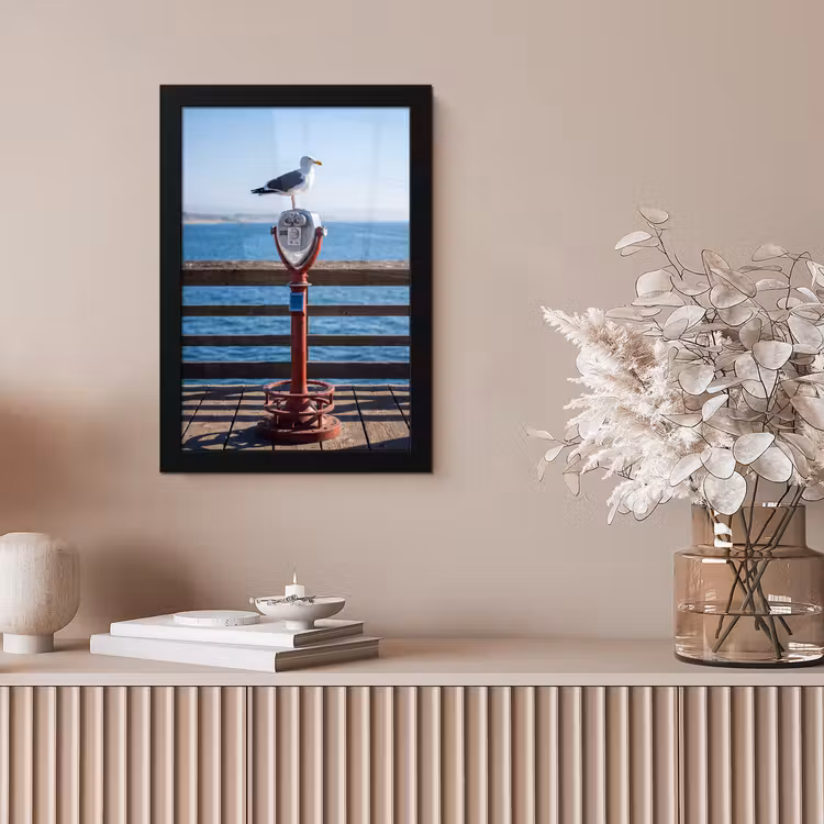 Vogel - Verrekijker - Kust - Zee - Blauw fotolijst zwart zonder passe partout klein -sfeer5