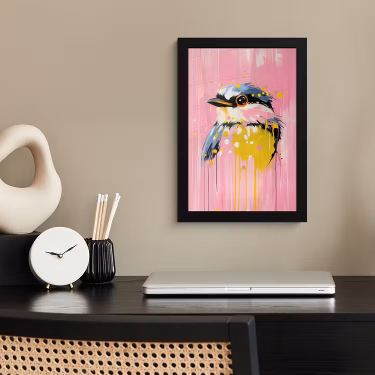Vogel - Roze - Geel - Blauw fotolijst zwart zonder passe partout klein -sfeer1