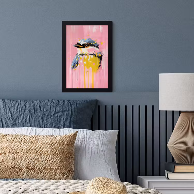 Vogel - Roze - Geel - Blauw fotolijst zwart zonder passe partout klein -sfeer3