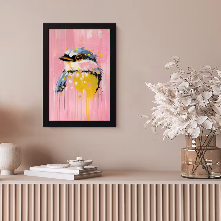 Vogel - Roze - Geel - Blauw fotolijst zwart zonder passe partout klein -sfeer5