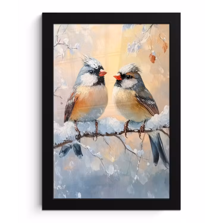 Vogels - Tak - Winter - Sneeuw fotolijst zwart zonder passe partout klein -3d
