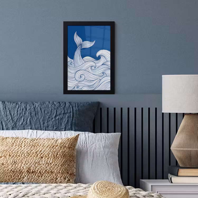 Walvis - Staart - Golven - Lijntekening - Blauw fotolijst zwart zonder passe partout klein -sfeer3