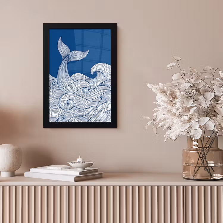 Walvis - Staart - Golven - Lijntekening - Blauw fotolijst zwart zonder passe partout klein -sfeer5