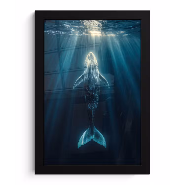 Walvis - Water - Zonnestralen - Blauw fotolijst zwart zonder passe partout klein -3d