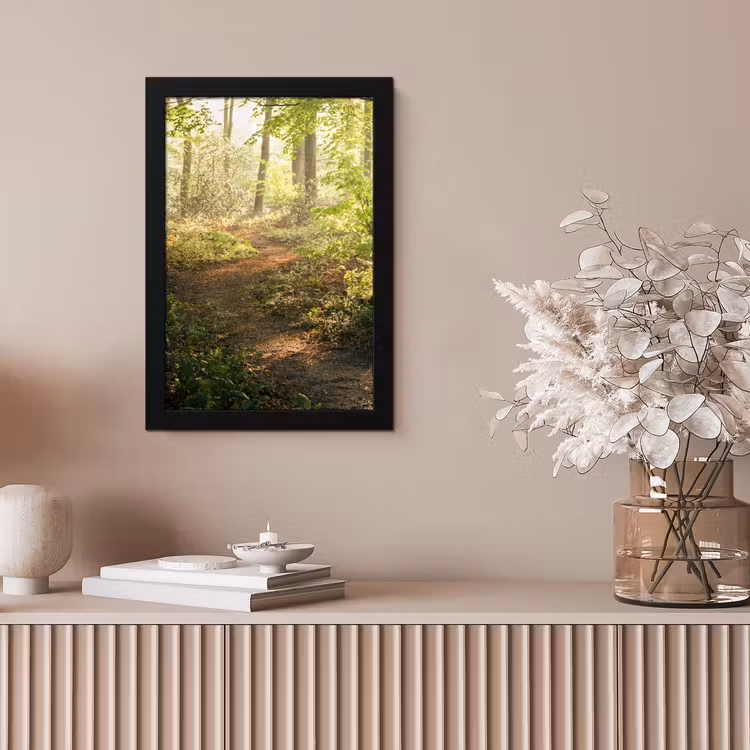 Bos - Bomen - Pad - Zon - Planten - Bladeren - Natuur fotolijst zwart zonder passe partout klein -sfeer5
