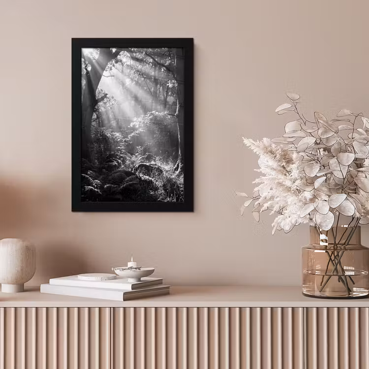 Bos - Lichtstralen - Natuur - Zwart-wit fotolijst zwart zonder passe partout klein -sfeer5