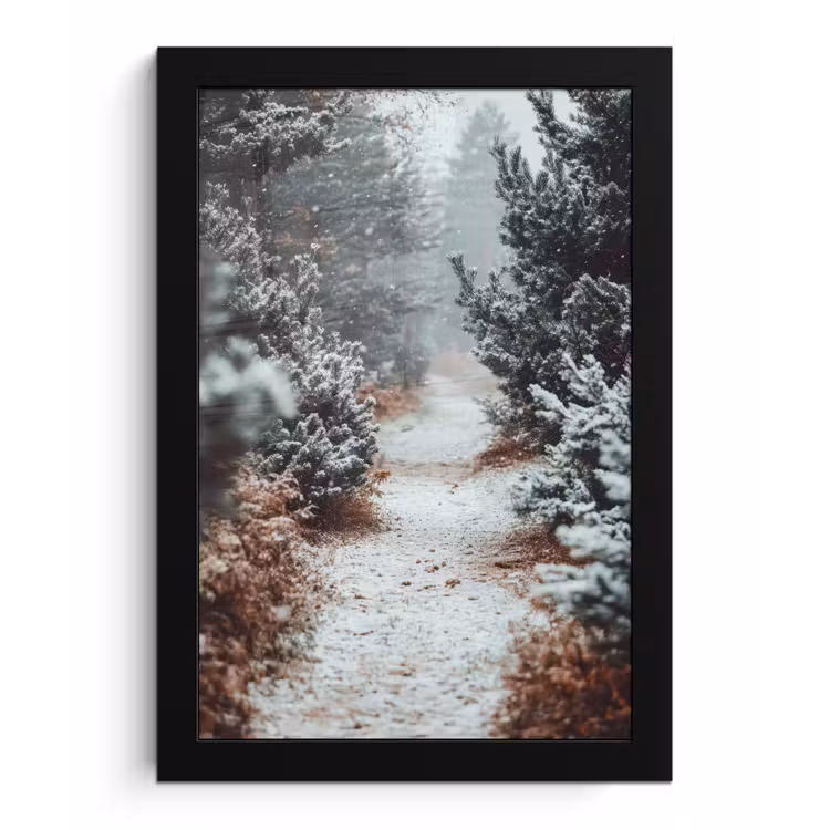 Bos - Winter - Bomen - Natuur - Pad - Sneeuw fotolijst zwart zonder passe partout klein -3d