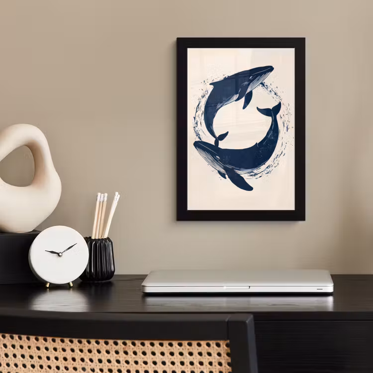 Walvissen - Spetters - Cirkel - Donkerblauw fotolijst zwart zonder passe partout klein -sfeer1