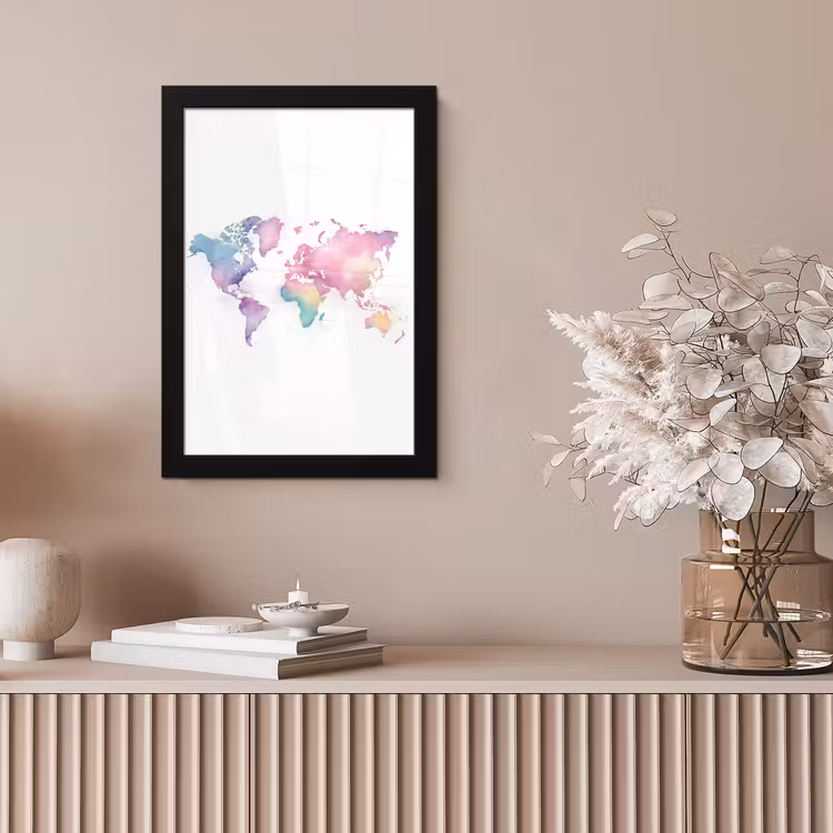 Waterverf - Wereldkaart - Pastelkleuren fotolijst zwart zonder passe partout klein -sfeer5