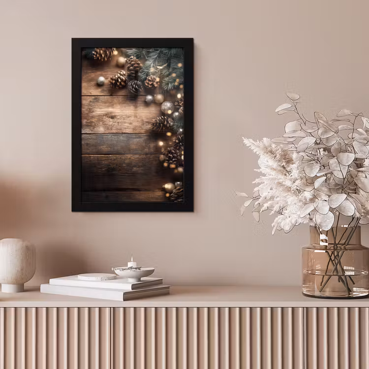 Kersthoekdecoratie - Dennenappels - Lichtjes fotolijst zwart zonder passe partout klein -sfeer5