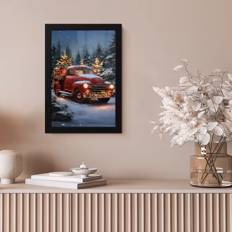 Kersttruck - Sneeuwbos - Rood fotolijst zwart zonder passe partout klein -sfeer5