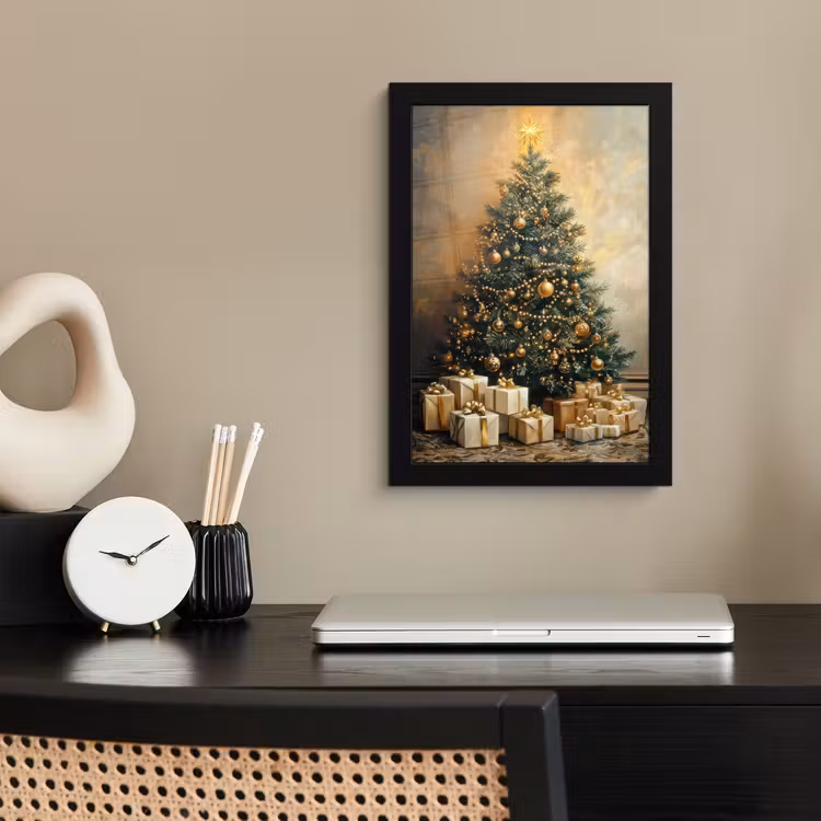 Kerstboom - Cadeaus - Goud fotolijst zwart zonder passe partout klein -sfeer1