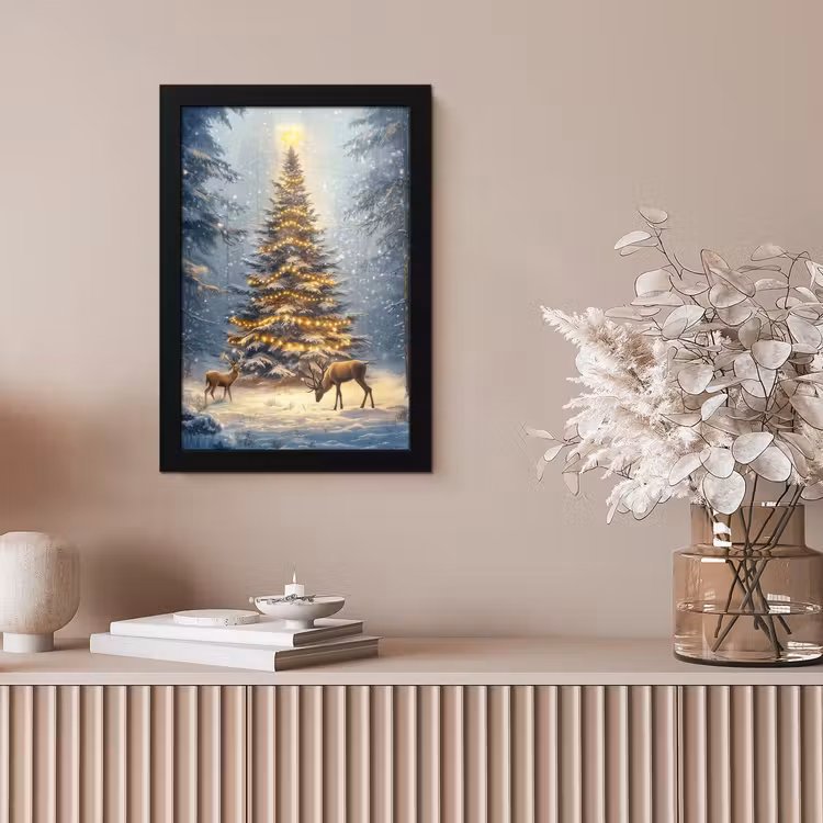 Kerstlicht - Woud - Hert - Donker fotolijst zwart zonder passe partout klein -sfeer5