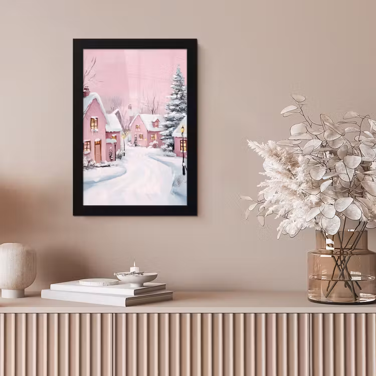 Kerstdorp - Roze - Winter - Sneeuw - Huizen fotolijst zwart zonder passe partout klein -sfeer5