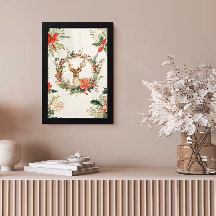 Kerstkrans - Hert - Hulst - Rood fotolijst zwart zonder passe partout klein -sfeer5