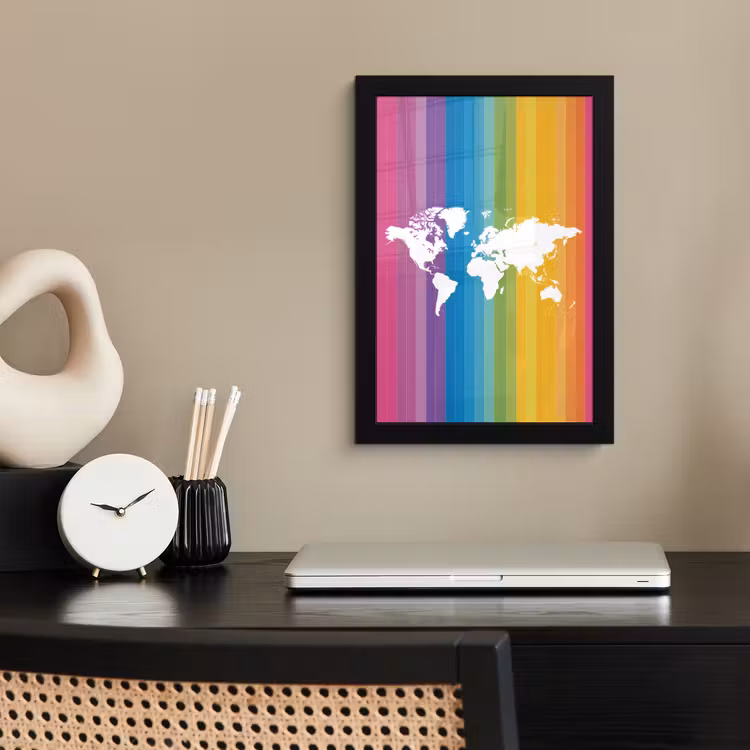Wit - Wereldkaart - Regenboog - Banen fotolijst zwart zonder passe partout klein -sfeer1